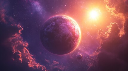Blue and Pink Planet with Two Suns in Deep Space