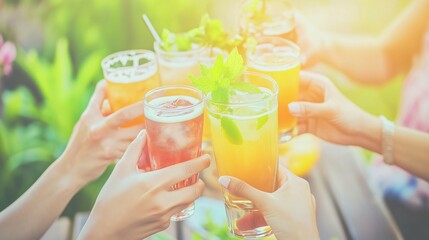 Fototapeta premium Friends toasting with colorful summer cocktails outdoors