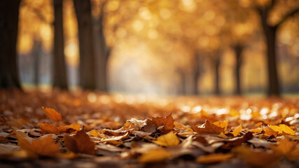 Autumn leaves falling in a serene park with trees lined in a misty background and sun rays breaking through.