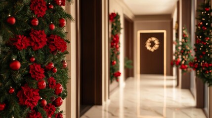 Fototapeta premium A luxurious hallway adorned with festive Christmas decorations. Lush greenery is embellished with red flowers and ornaments, creating a warm and inviting ambiance. The hallway's elegant marble floor a