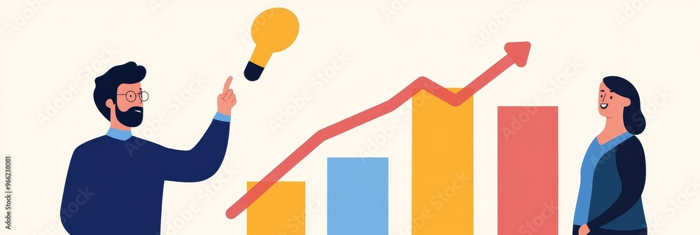 Poster a man points to a lightbulb symbolizing an idea while a woman looks on, a growth chart behind them s