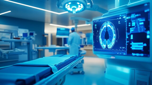 operating room utilizes advanced medical device, showcasing evolution in technology&Oslash;&OElig; computed tomography machine, close view, no doctors, blue hue