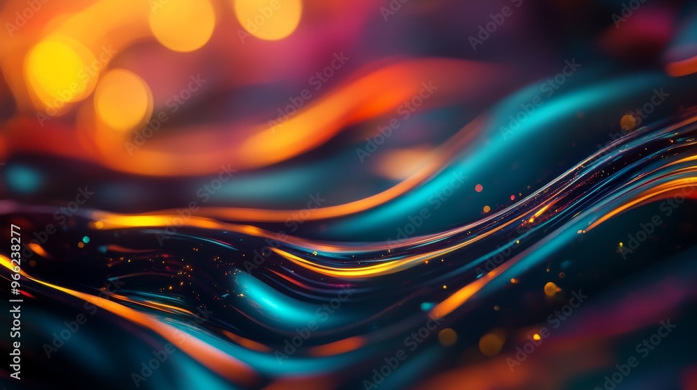 Poster a mesmerizing abstract artwork depicting a wavy liquid surface with iridescent colors. the interplay