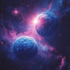 Blue and Pink Planet with Two Suns in Deep Space