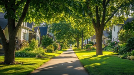 Obraz premium A tree-lined sidewalk in a suburban neighborhood, with houses and gardens in the background, showcasing a peaceful and inviting residential area