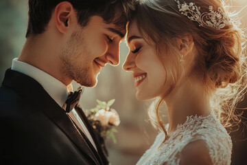 A bride and groom sharing romantic moment in vintage setting, radiating love and joy. Their smiles reflect deep affection, creating beautiful atmosphere of celebration