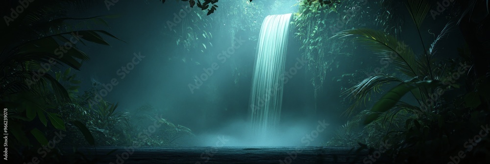 Poster a mesmerizing waterfall cascades down a rocky cliff face, shrouded in a misty jungle. sunlight filte