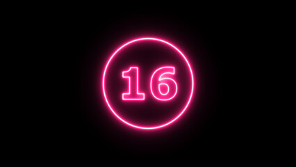 Glowing neon number 16, neon light colorful number of illustration on black background.  Glowing neon lighting on dark background. Numbers futuristic style