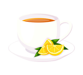 Cup with tea and lemons in cartoon style. Vector illustration of a white cup with a plate, hot tea, lemon slices with green leaves isolated on a white background. Warming tea. Useful tea.