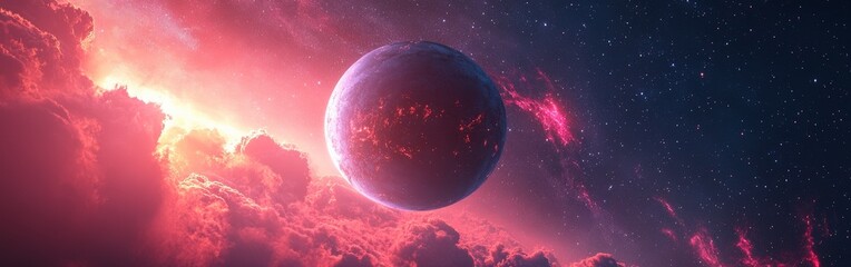 Obraz premium Blue and Pink Planet with Two Suns in Deep Space