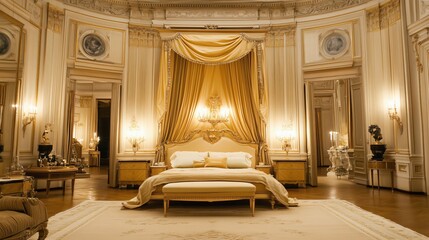 Luxurious king size bed taking center stage in opulent gold bedroom
