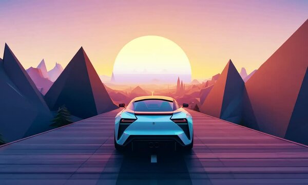 Low Poly Sports Car Driving into Sunset