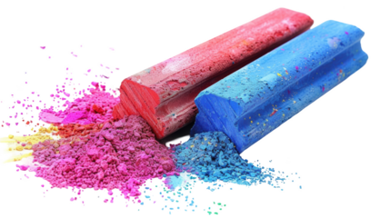 Colorful chalk sticks with powder explosion transparent background