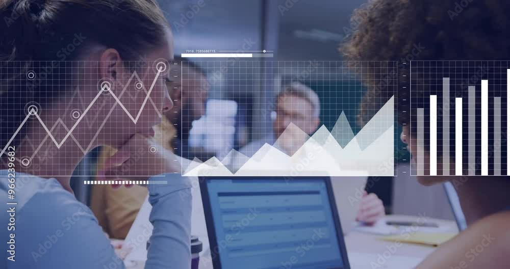 Aufkleber animation of financial data processing over diverse colleagues discussing work in office