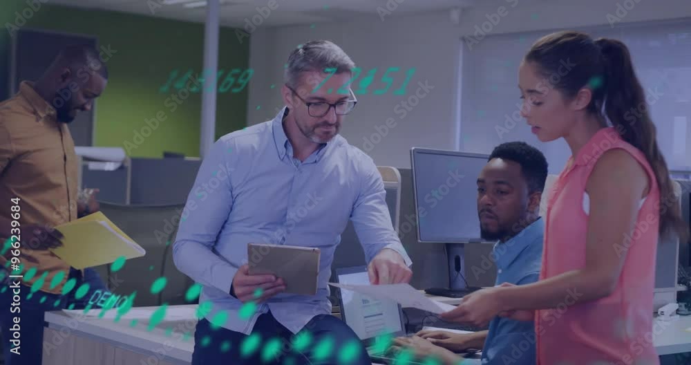 Poster animation of financial data processing over diverse colleagues discussing work in office
