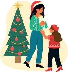 Ilustración Arrullo del niño Dios, mamá arrullando figura del niño Jesús con su hija en navidad