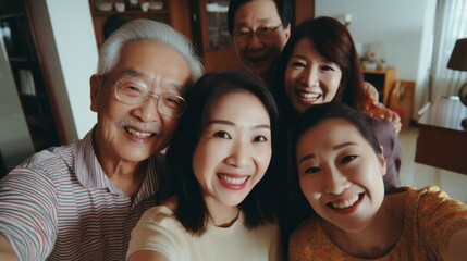 Fototapeta premium A group of four Chinese people, including two women and two men, are taking a selfie. The women are all smiling and looking directly at the camera. The men are smiling and looking at the camera.