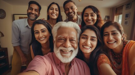  A, indian family is taking a selfie inside a home. They are all smiling and appear to be happy. The oldest member of the family is a man with white hair and a white beard