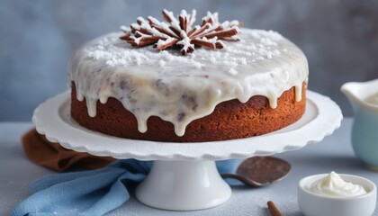 Christmas Cake with White Frosting and Green Pine Sprig Decoration