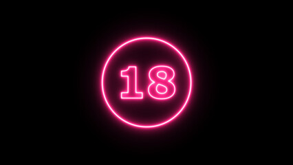 Glowing neon number 18 , neon light colorful number of illustration on black background.  Glowing neon lighting on dark background. Numbers futuristic style