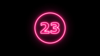Glowing neon number 23 , neon light colorful number of illustration on black background.  Glowing neon lighting on dark background. Numbers futuristic style