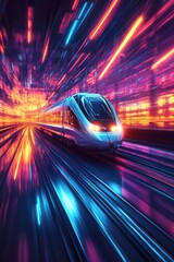 Fototapeta premium Futuristic Train Racing ThroughRetro Landscape of Neon Dreams and Innovation