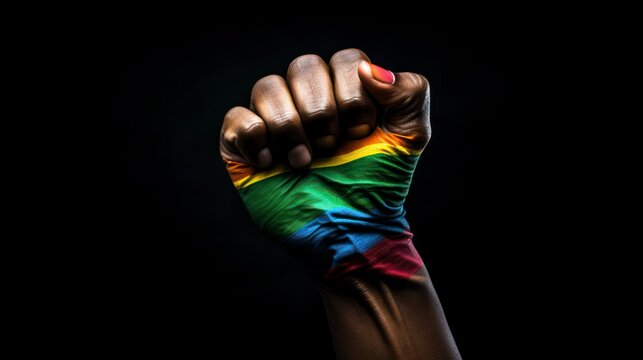  A person's fist is raised in the air, with the rainbow flag painted on their hand. The background is black.