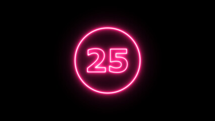 Glowing neon number 25  , neon light colorful number of illustration on black background.  Glowing neon lighting on dark background. Numbers futuristic style