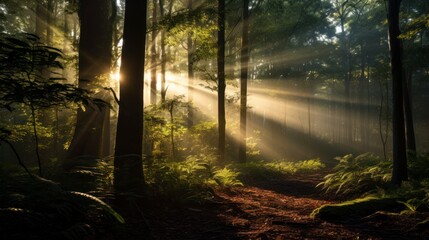 Obraz premium The sun peeks through the dense forest canopy, casting long rays of light on a path lined with ferns and tall trees. The air is filled with a soft mist, adding to the ethereal ambiance.