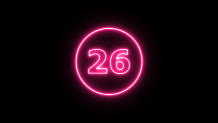 Glowing neon number 26 , neon light colorful number of illustration on black background.  Glowing neon lighting on dark background. Numbers futuristic style