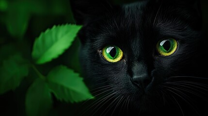 A captivating black cat with striking green eyes, surrounded by lush green foliage, creating an enchanting and mysterious atmosphere.