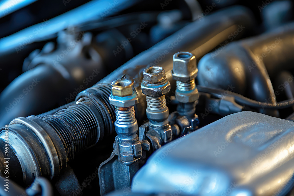 Aufkleber a close up of car engine showcasing spark plugs and ignition components, highlighting intricate deta