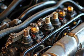 Obraz premium A close up of car engines spark plugs and ignition system, showcasing intricate details and metallic components. image captures complexity and precision of automotive engineering, evoking sense of pow