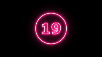 Glowing neon number 19  , neon light colorful number of illustration on black background.  Glowing neon lighting on dark background. Numbers futuristic style