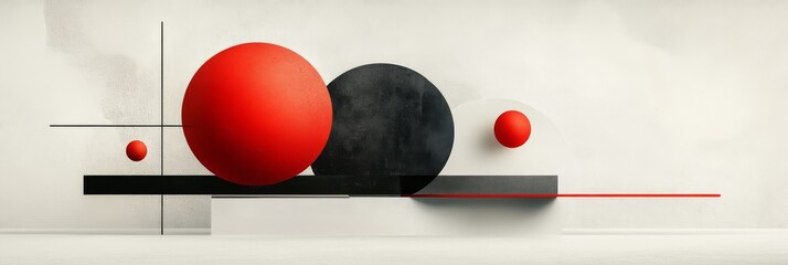 Obraz premium A minimalist abstract composition featuring three spheres, two red and one black, resting on a geometric platform. The spheres are arranged in a seemingly balanced configuration, conveying a sense of 