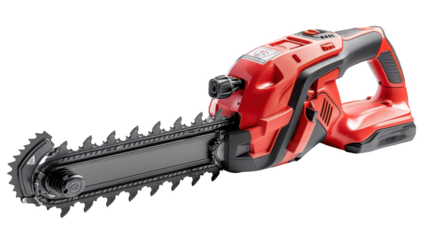 Red electric chainsaw tool isolated transparent background