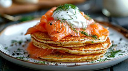 Deliciously stacked pancakes topped with smoked salmon and fresh herbs at a cozy brunch