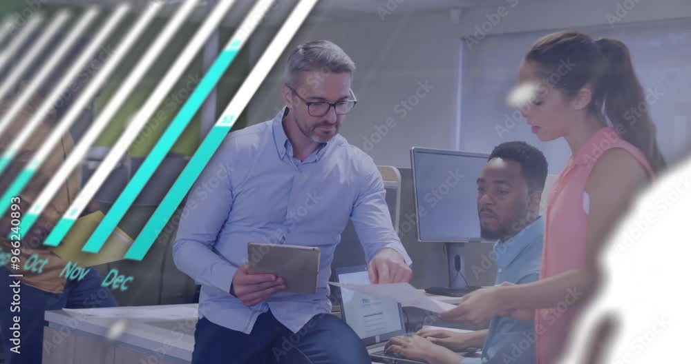Aufkleber animation of financial data processing over diverse colleagues discussing work in office
