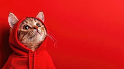 A cute cat wearing a red hoodie, looking up against a vibrant red background, exuding charm and playfulness.