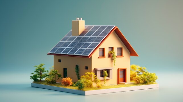  A miniature house with solar panels on the roof is surrounded by small trees and shrubs on a blue background.