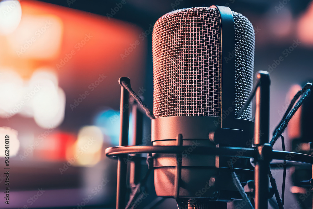 Poster a close up of condenser microphone with pop filter, showcasing its intricate design and professional