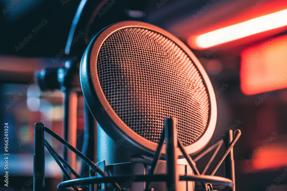 Poster a close up of condenser microphone with pop filter, showcasing its intricate mesh design and sturdy 