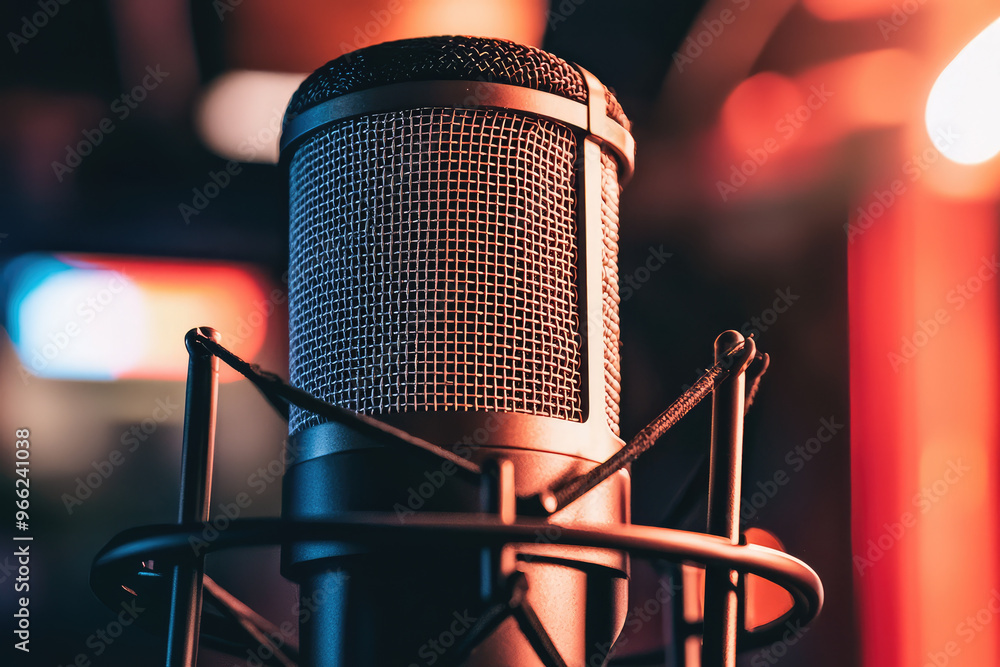 Poster a close up of condenser microphone with pop filter, showcasing its intricate mesh design and sleek b