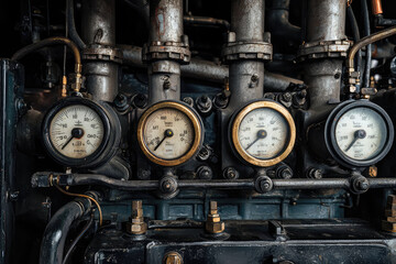 A close up of diesel engine showcasing intricate pipes and gauges, highlighting mechanical precision and functionality of machinery. detailed design evokes sense of industrial strength and reliability