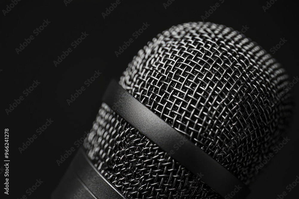 Poster A close up of dynamic microphone showcasing its textured surface and intricate mesh design, perfect for capturing sound with clarity and precision