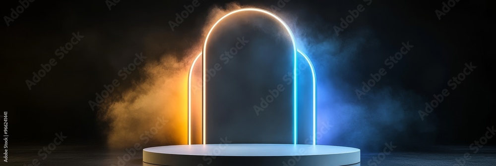 Poster a minimalist stage featuring a circular platform with a backdrop of vibrant neon archways and smoky 
