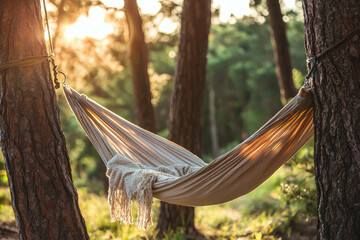A close up of hammock set up between two trees in serene forest, bathed in warm sunlight. soft fabric and cozy blanket invite relaxation and tranquility