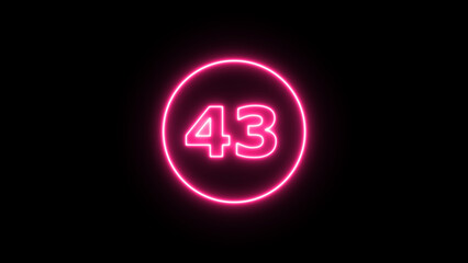Glowing neon number  43, neon light colorful number of illustration on black background.  Glowing neon lighting on dark background. Numbers futuristic style