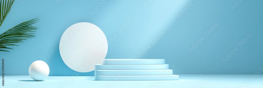 Poster a modern and clean product display featuring a blue podium with stairs, a large circle, and a smalle