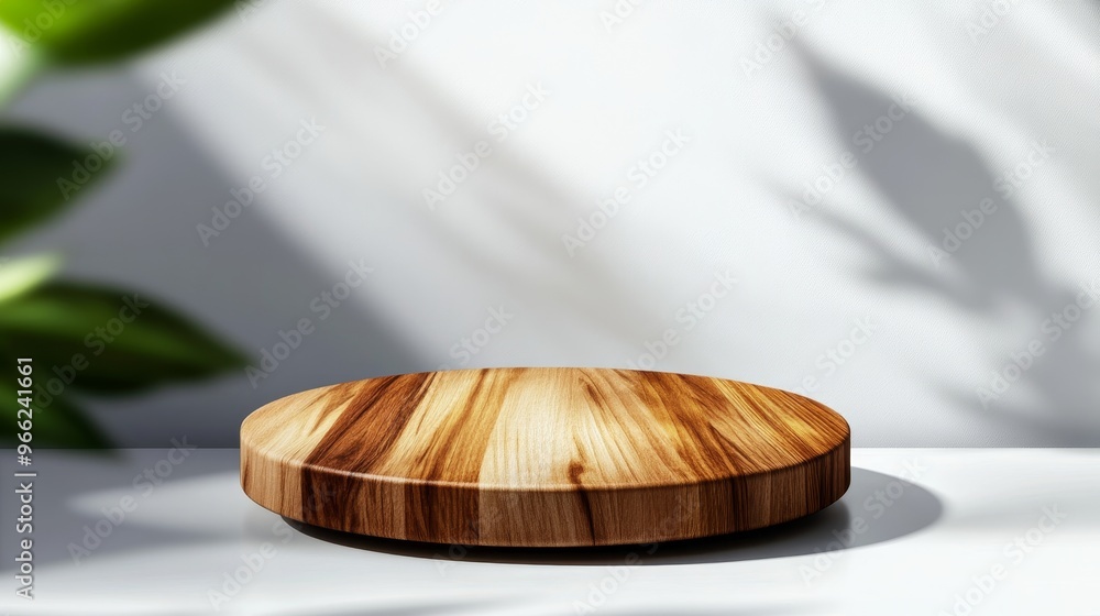 Poster a minimalist wooden round podium, crafted from natural wood, sits on a white background with soft na